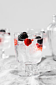 Refreshing infused tonic water with blackberries, raspberries and ice cubes