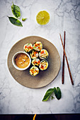 Vegan summer rolls with curry tempeh and a cashew nut dip