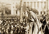 Lucy Branham, American suffragette speaking at meeting