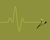 Mowing ECG trace into grass, illustration