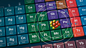 Magnesium atom in front of periodic table, illustration