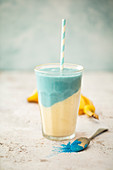 Vegan smoothie made with bananas, blue spirulina and oat milk
