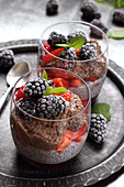 Cream and chocolate dessert with chia and fruit