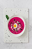 Cold beetroot soup with radish and cooked egg