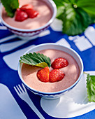 Strawberry mousse decorated with thin slices of strawberry, Sweden.