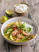 Turkey curry with oyster mushrooms and green asparagus