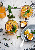 Passion fruit cocktails with ice cubes mint