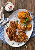 Grilled monkfish skewers with roasted sweet potatoes and a goat's cheese dip