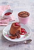 Chocolate fondant pudding with raspberry sauce