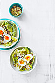 Blattsalat mit Hähnchen, Pistazien und Ei