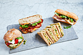 Sandwich variety - Posh BLT, Italian-style rolls, Ploughman's sandwich, Coronation egg mayo sandwiches