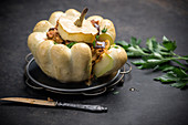 Oven-baked white patisson squash filled with jackfruit and eggplant