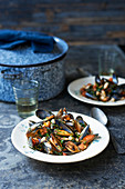 Mussels with chorizo, beans and cavolo nero