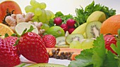 Fresh fruits and vegetables on table