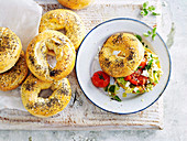 Poppy seed bagels with avocado salad