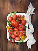 Different types of tomatoes on a vintage enamel plate