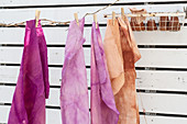 Fabrics coloured using natural dyes and hung up to dry
