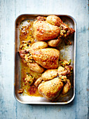 Maple and bourbon glazed poussin with cornbread stuffing