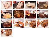 Preparing and carving crispy duck with sauce