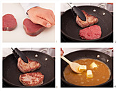 Frying fillet steaks and making a sauce from the frying stock