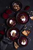 Beetroot soup with yoghurt and nuts