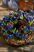 Closed Gentiana with budding heather and twigs tied to a wreath