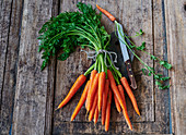 Bunch of carrots with a knife on a rustic wooden background