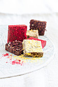 Chocolate cubes dusted with fruit powder