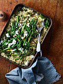 Moroccan roast broccoli and bulgar wheat salad with halloumi