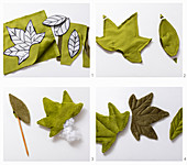 Instructions for making green, quilted, corduroy leaf decorations