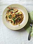 Pork and leek stroganoff with linguine