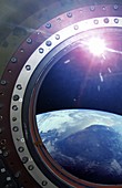 Earth through a spacecraft window, illustration