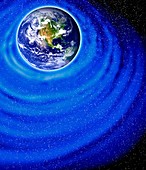 Earth warping spacetime, illustration
