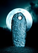 Moon behind standing stone, illustration