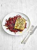 Tofu steak with beetroot noodles and dukkah