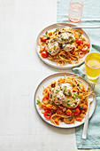 Parmesan pork with tomato and olive spaghetti