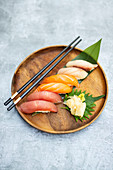 Different nigiri sushi with fish