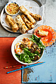Veggie bun cha and baked spring rolls (Vietnam)