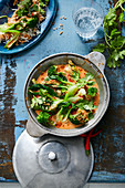 Rotes Gemüsecurry mit Pak Choi und Brokkoli auf Reis (Asien)