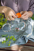 Preparing flower tea in a glass jug