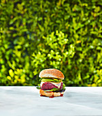 Ein veganer Burger auf Tisch im Freien