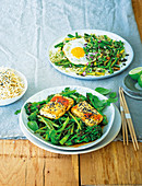 Grüne Gemüsepfanne mit Tofu und Spiegelei
