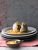Sweet potato and poppy seed dumplings with apricot sauce