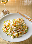 Chinese egg fried rice with prawns, vegetables and dong-gu