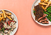 Bavette-Steak mit Pommes Frites und Estragon-Pilz-Sauce und Ancho-Steak mit Chimichurri-Butter und Zuckerschoten