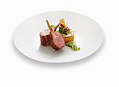 Roast lamb chops with polenta and chickpea foam