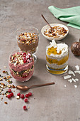 Coconut-and-chia pudding, berry-and-chia pudding and chocolate-and-chia pudding