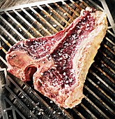 A raw Porterhouse steak with coarse seasalt on a grill rack