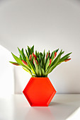 Hexagonal orange tray leaning against vase of tulips