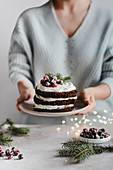 Christmas chocolate sponge cake with ricotta cream with fresh cranberry